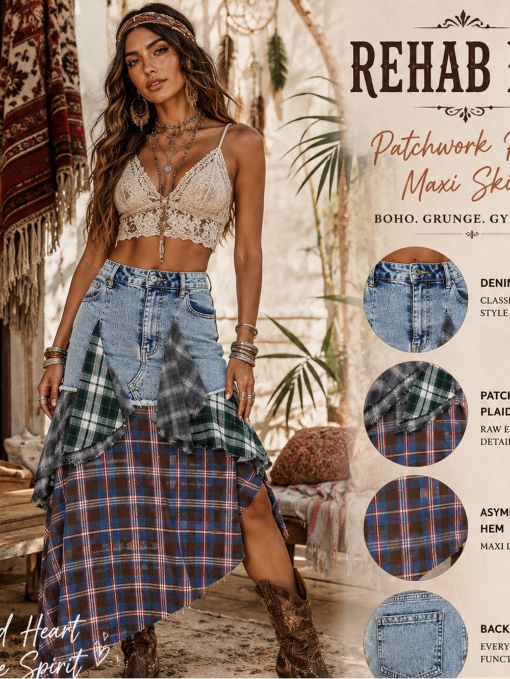 REHAB LAB Patchwork Plaid Denim Maxi Skirt Grunge Y2K Avant Asymmetrical Size M